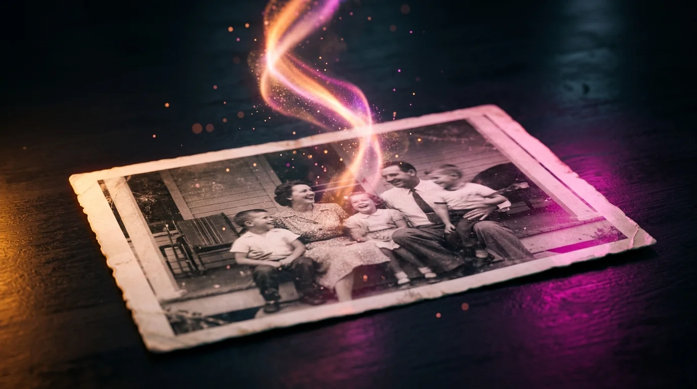 Старая семейная фотография оживает — из снимка на тёмном столе поднимается неоновое свечение