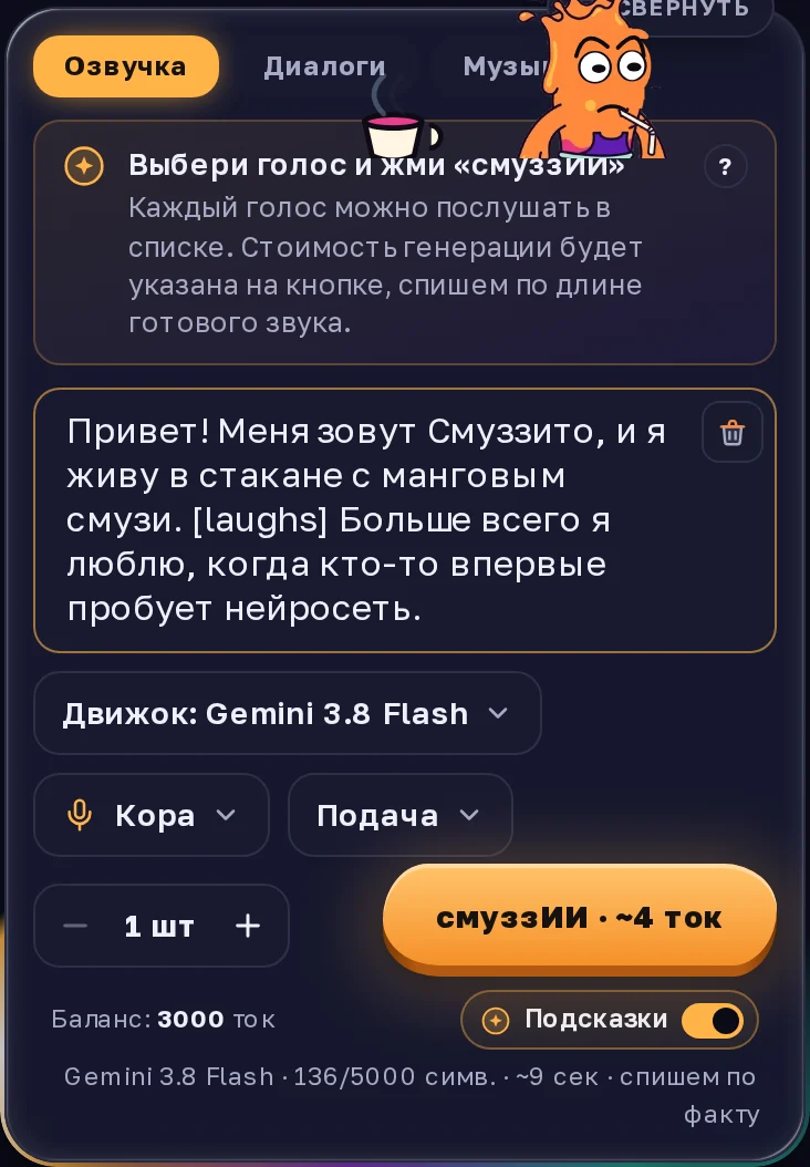 Вкладка «Озвучка» с движком Gemini 3.8 Flash: рекламный текст в поле, голос Кора, цена на кнопке