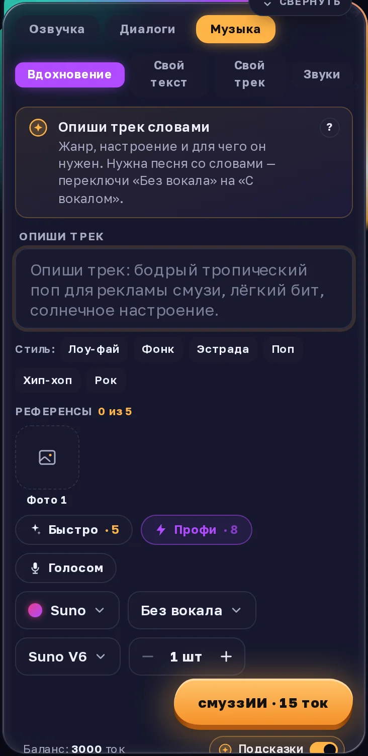 Вкладка «Музыка», режим «Вдохновение»: поле описания трека и кнопки стилей