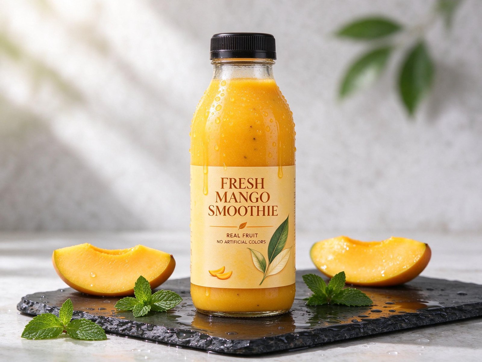 Бутылка мангового смузи на мокром сланце — продуктовый кадр SeeDream 5.0 Flash