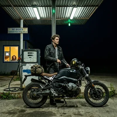 Он и BMW R nineT ночная заправка