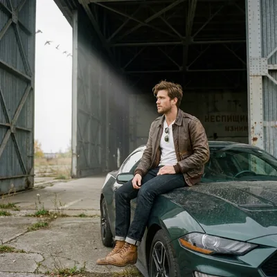 Он и Mustang заброшенный ангар