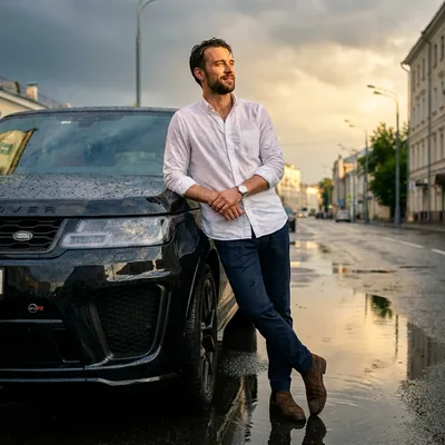 Он и Range Rover после дождя