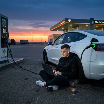 Он и Tesla зарядка на рассвете